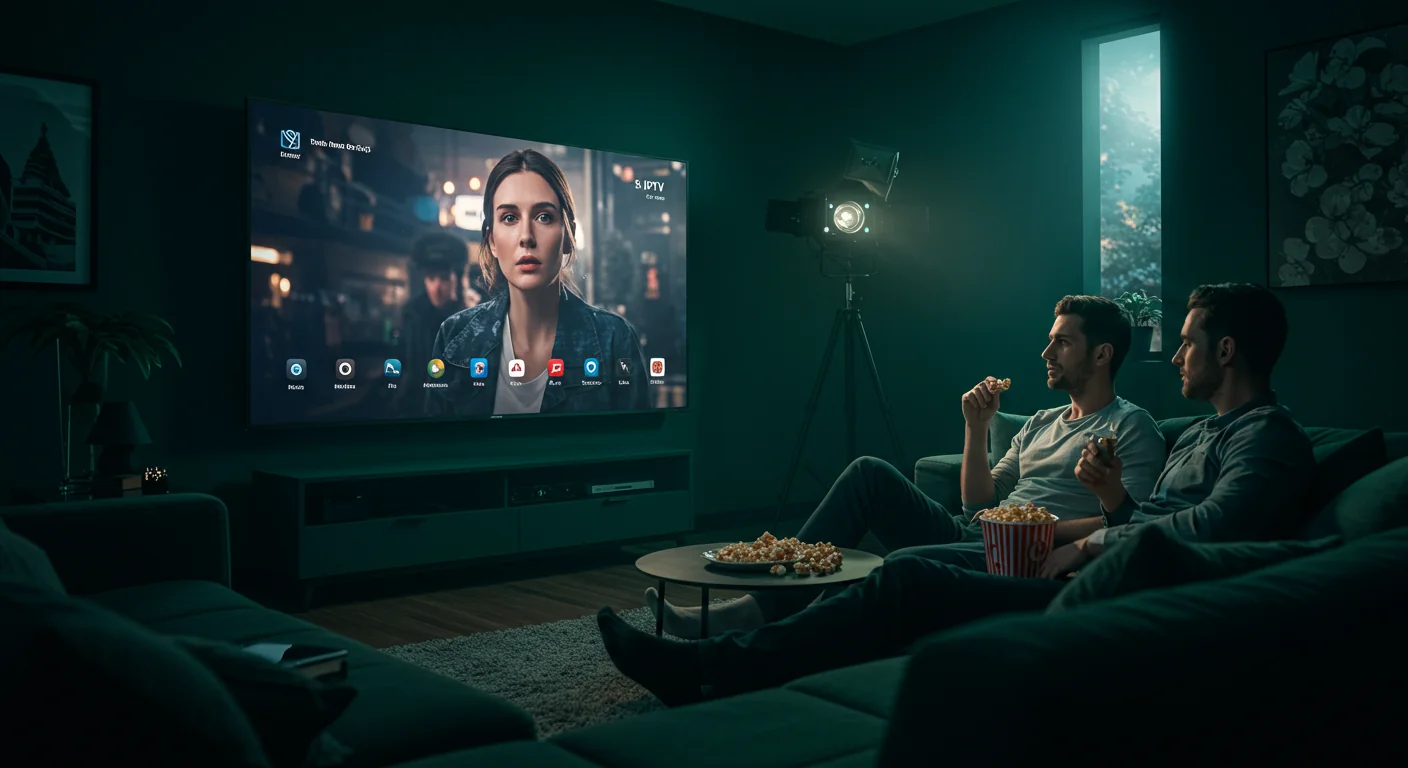 Two men enjoying popcorn while watching a movie on a large TV displaying a Sky IPTV interface, set in a cozy living room environment.